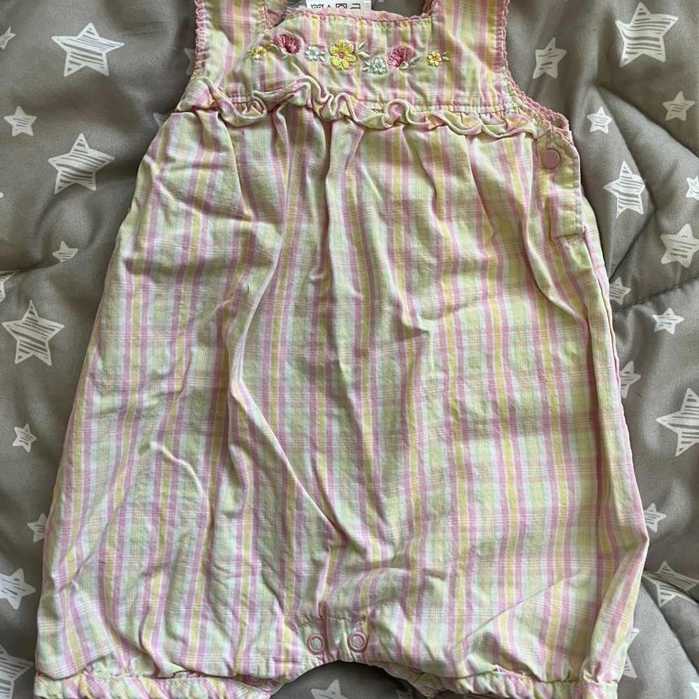 Vintage Plaid baby Romper with Floral Embroidery